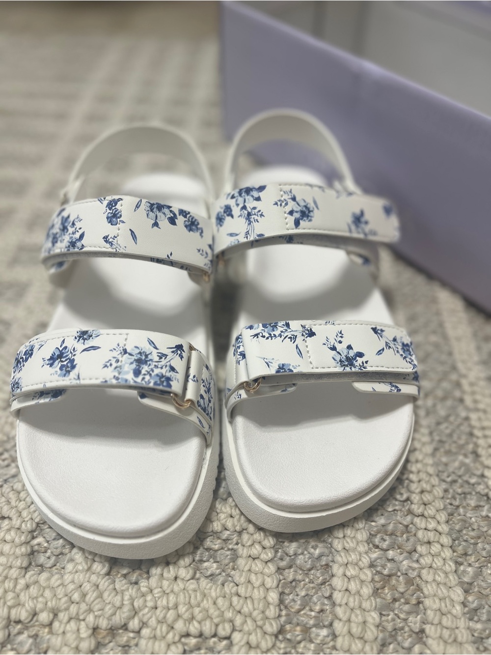 Size 8 white Sandals with Blue Floral Print